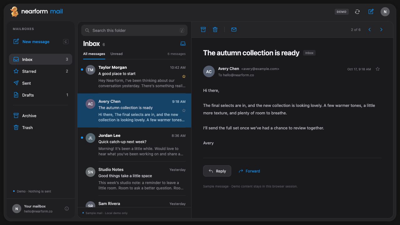 Nearform Mail dark inbox with rounded panels and sample messages.